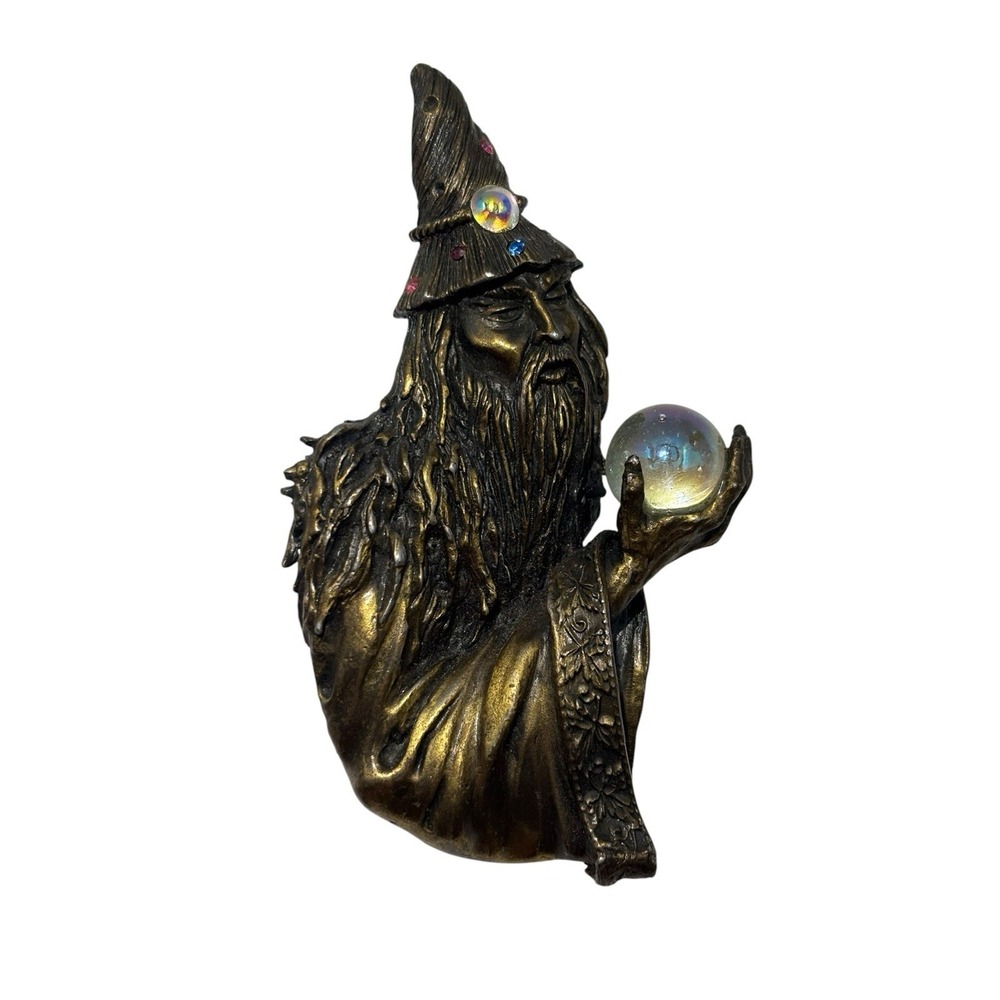 Vintage JJ Jonette Pewter Wizard Merlin Crystal Ball Orb Rhinestone Brooch Pin